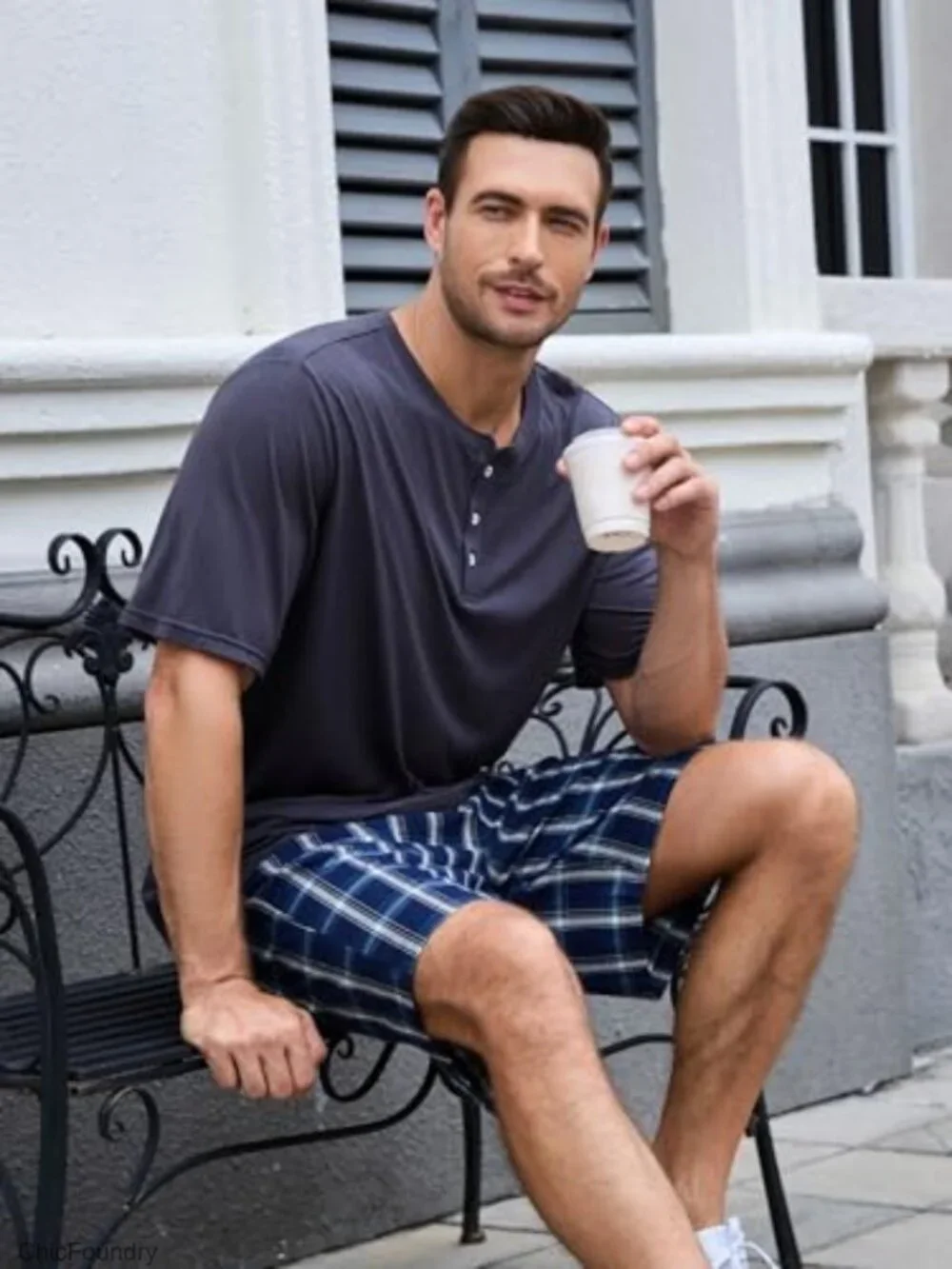 Men's Bamboo Viscose Cotton Pajama Set Short Sleeve Henley Lounge Sleepwear